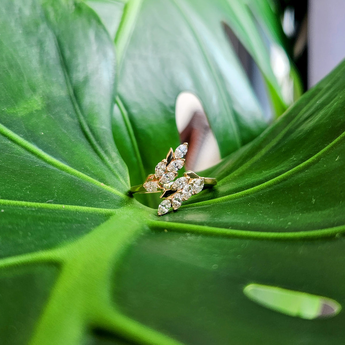 14 Karat Yellow Gold Floral Bypass Style "Vinea" Diamond Ring