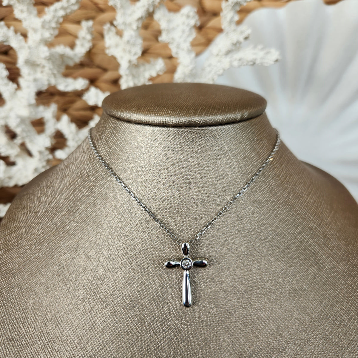 14 Karat White Gold Cross Pendant With Bezel Set Diamond