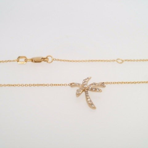 14 Karat Yellow Gold Fixed Diamond Palm Tree Necklace 18" In Length With A Loop At 16"