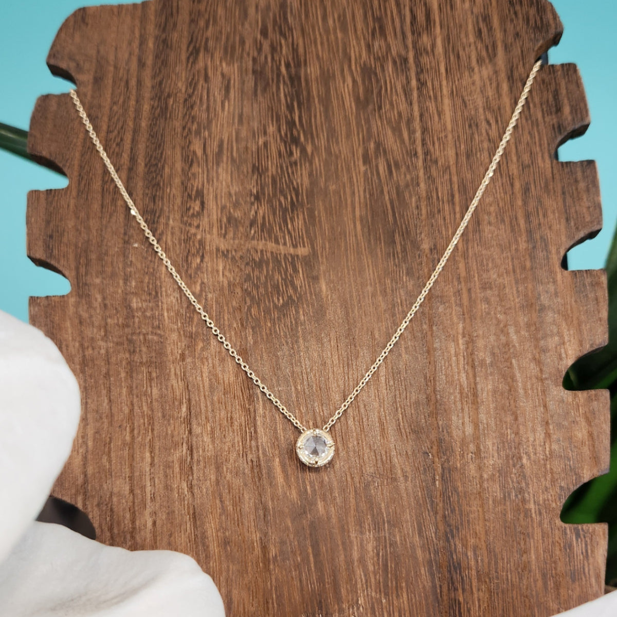 14 Karat Yellow Gold Rose Cut Diamond Necklace With Hidden Diamond Halo, 16-18"