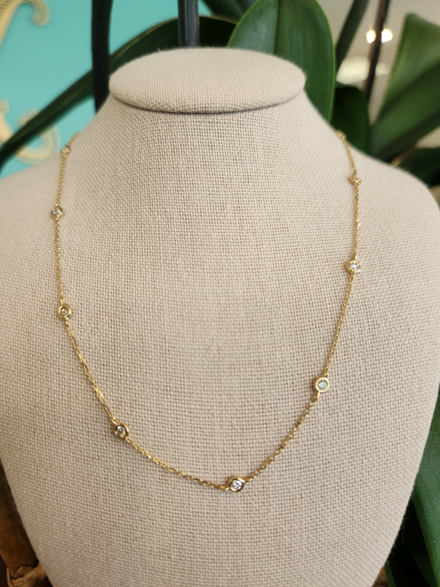 14 Karat Yellow Gold Bezel Set Diamond "By The Yard" Style Necklace 16