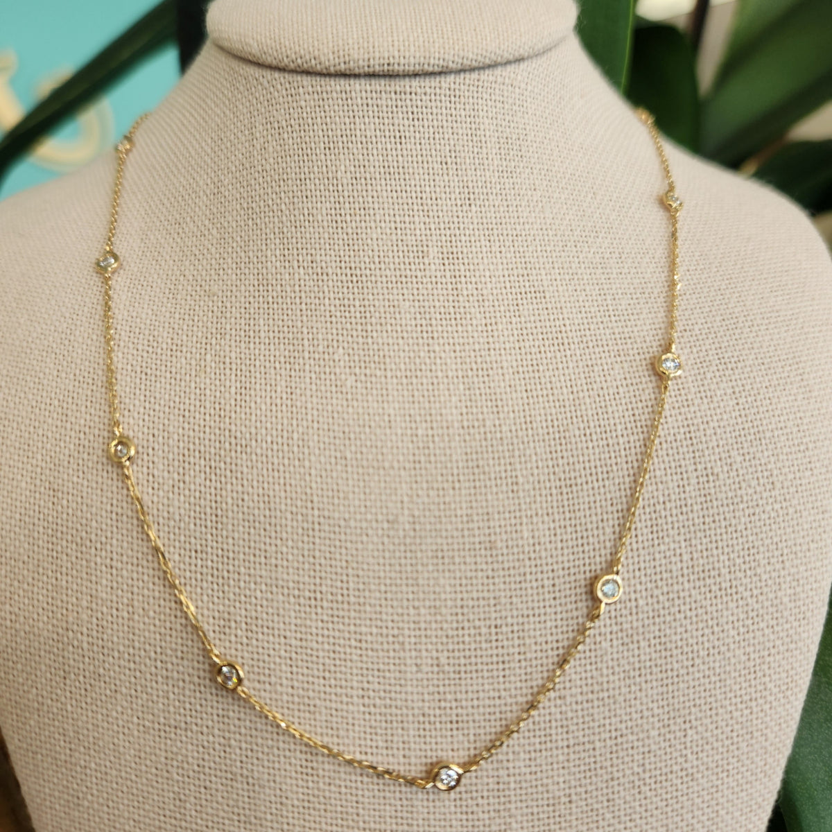 14 Karat Yellow Gold Bezel Set Diamond "By The Yard" Style Necklace 16