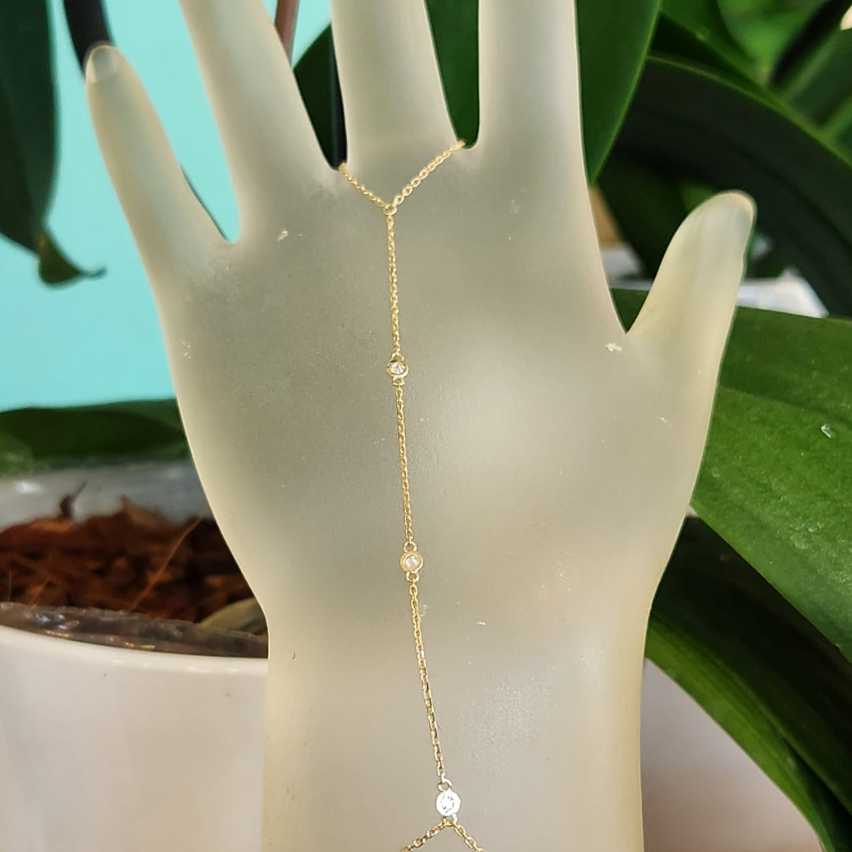 14 Karat Yellow Gold Bezel Set Diamond Hand Chain Bracelet W/Ring, 7" + 1"