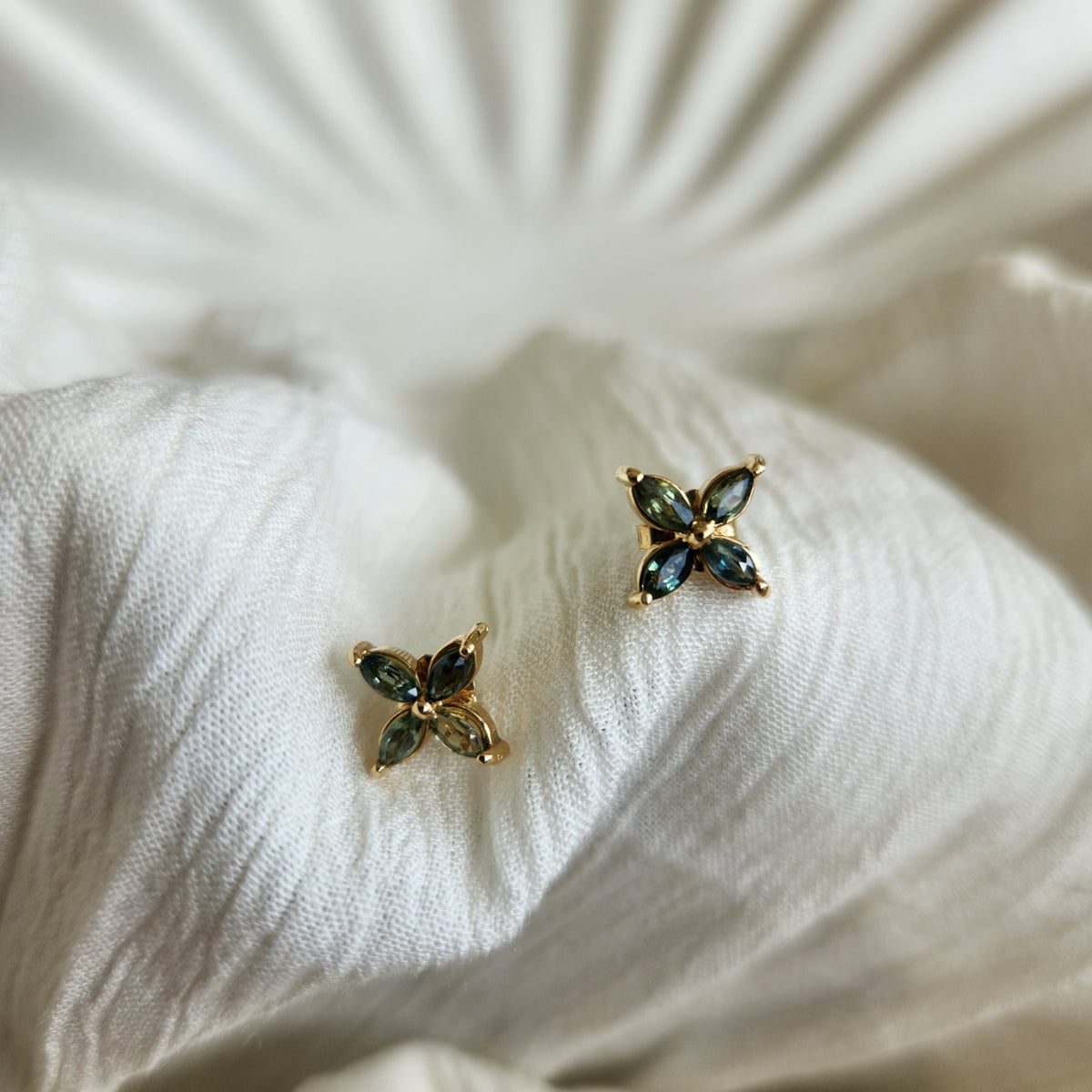 14 Karat Yellow Gold Marquise Green Sapphire Cluster "X" Stud Earrings