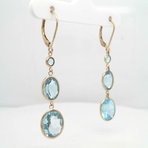 14 Karat Yellow Gold Triple Tier Sky Blue Topaz Dangle Earrings With Leverbacks