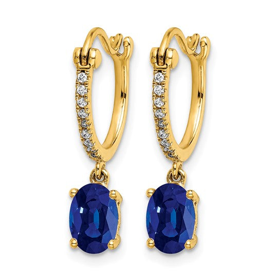 14 Karat Yellow Gold Diamond And Sapphire Dangle Hoop Earrings