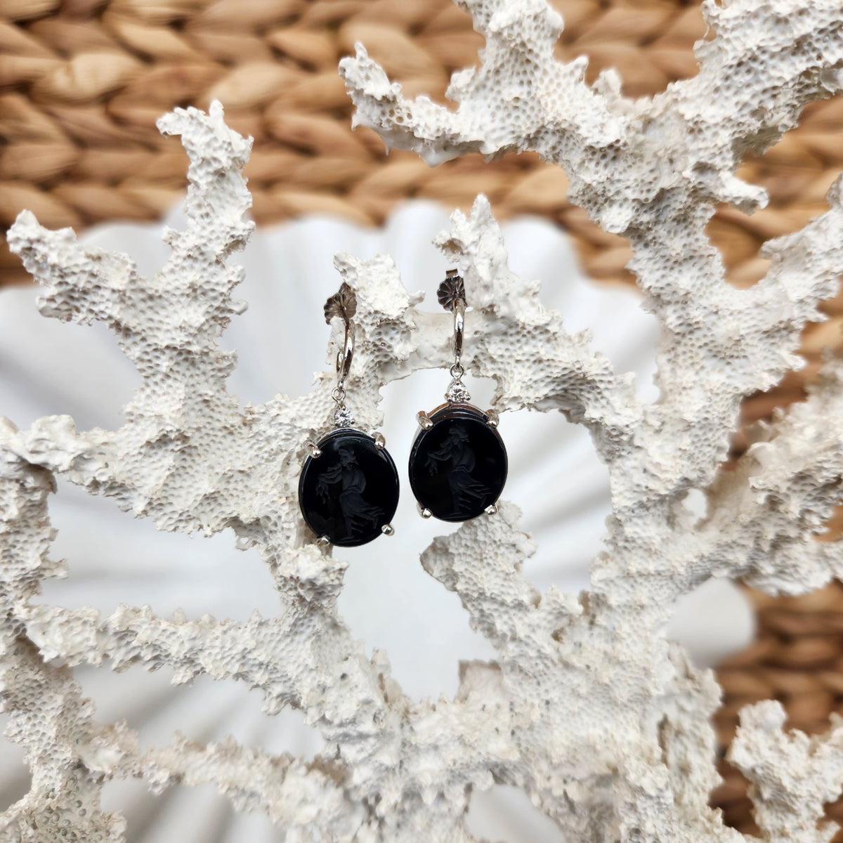 14 Karat White Gold Oval Black Onyx Carved "Roman Goddess" Intaglio & Diamond Earrings