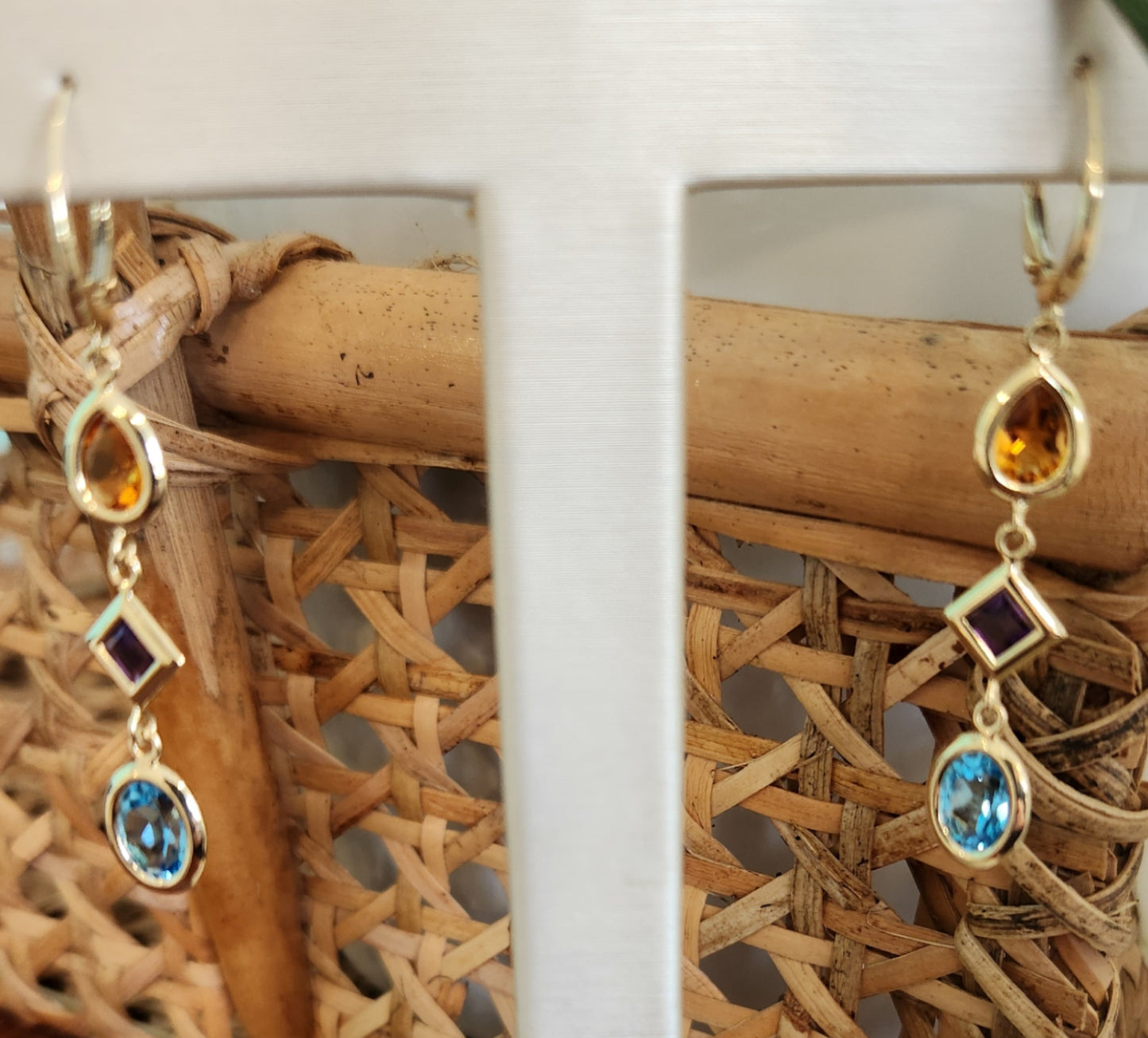 14 Karat Yellow Gold 3 Tier Bezel Set Gemstone Earrings With Leverbacks