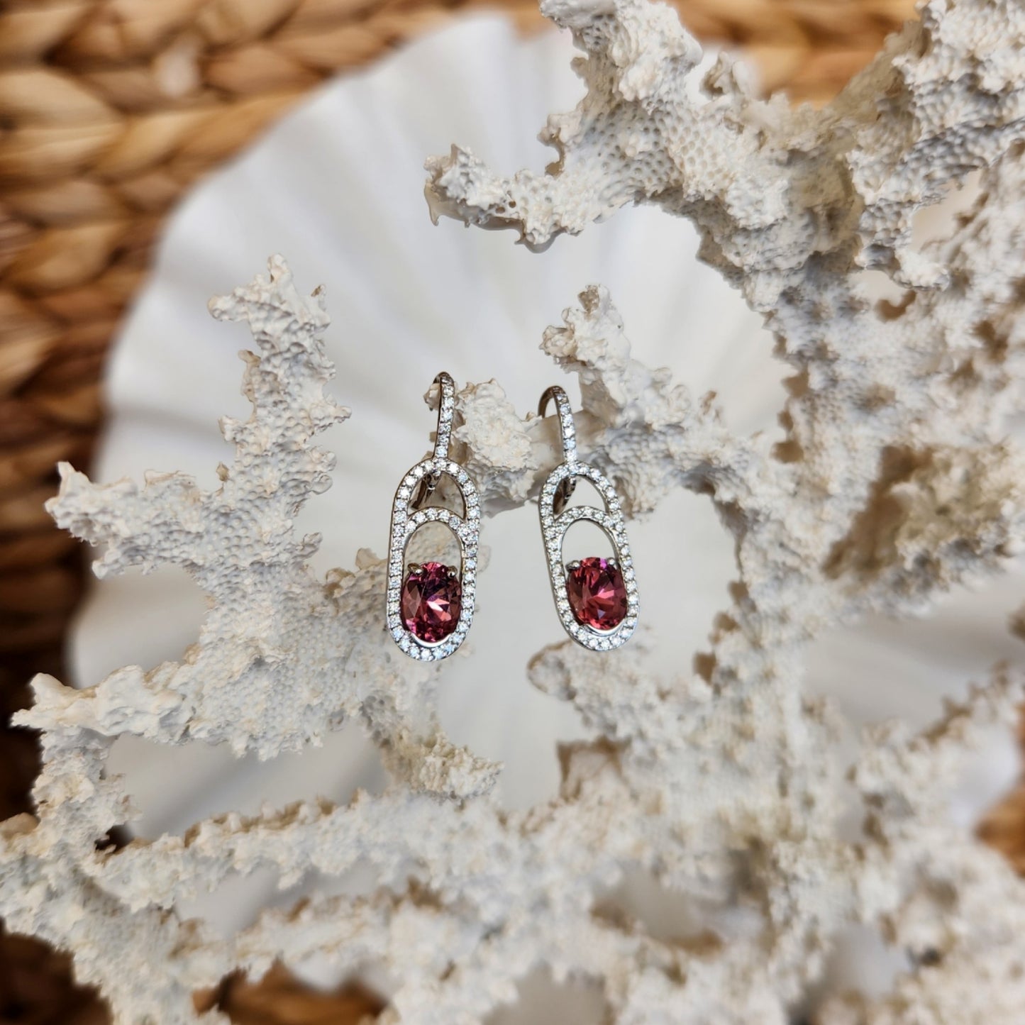 18 Karat White Gold Pink Tourmaline & Diamond Dangle Earrings With Leverbacks