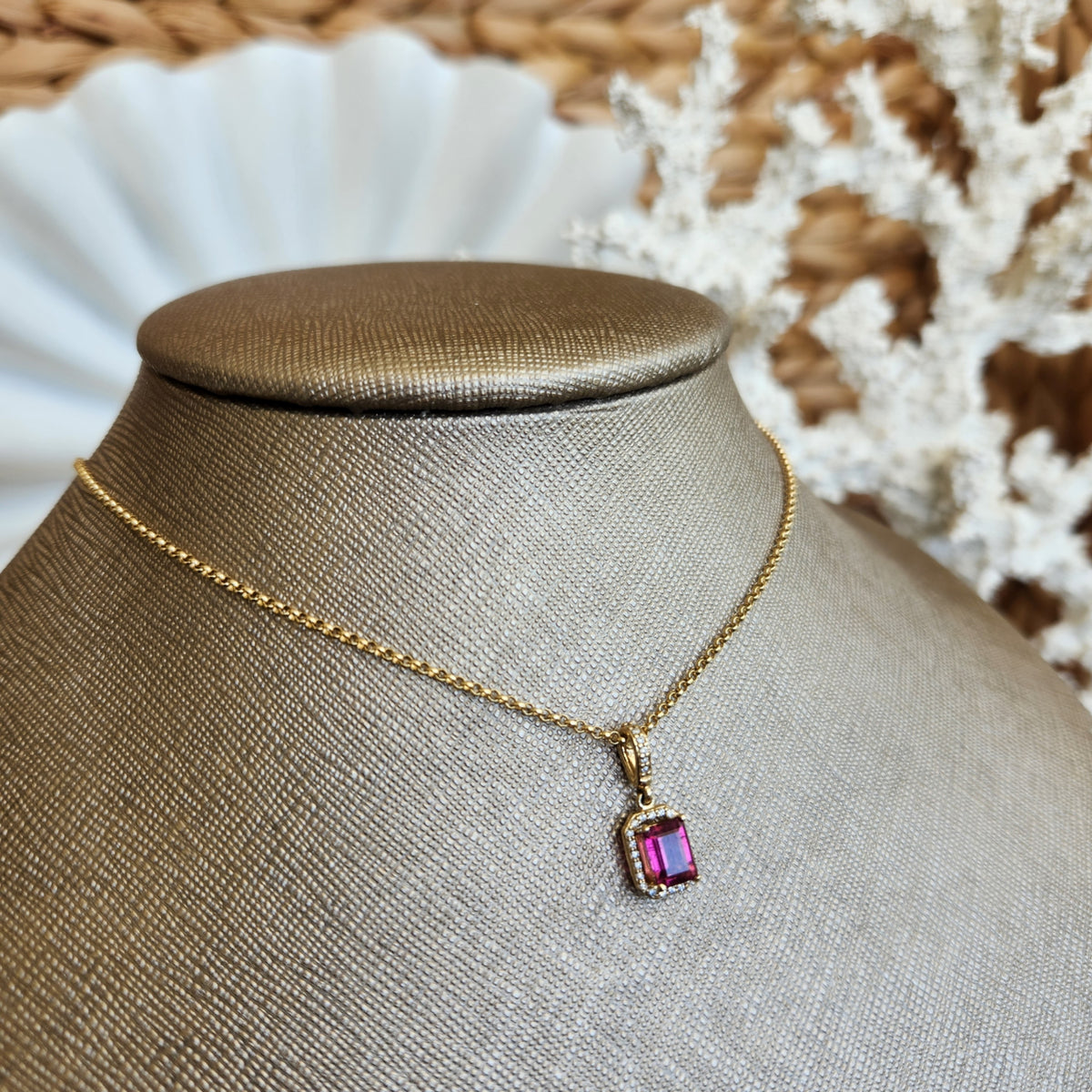 14 Karat Yellow Gold Emerald Cut Pink Tourmaline Pendant With Diamond Halo
