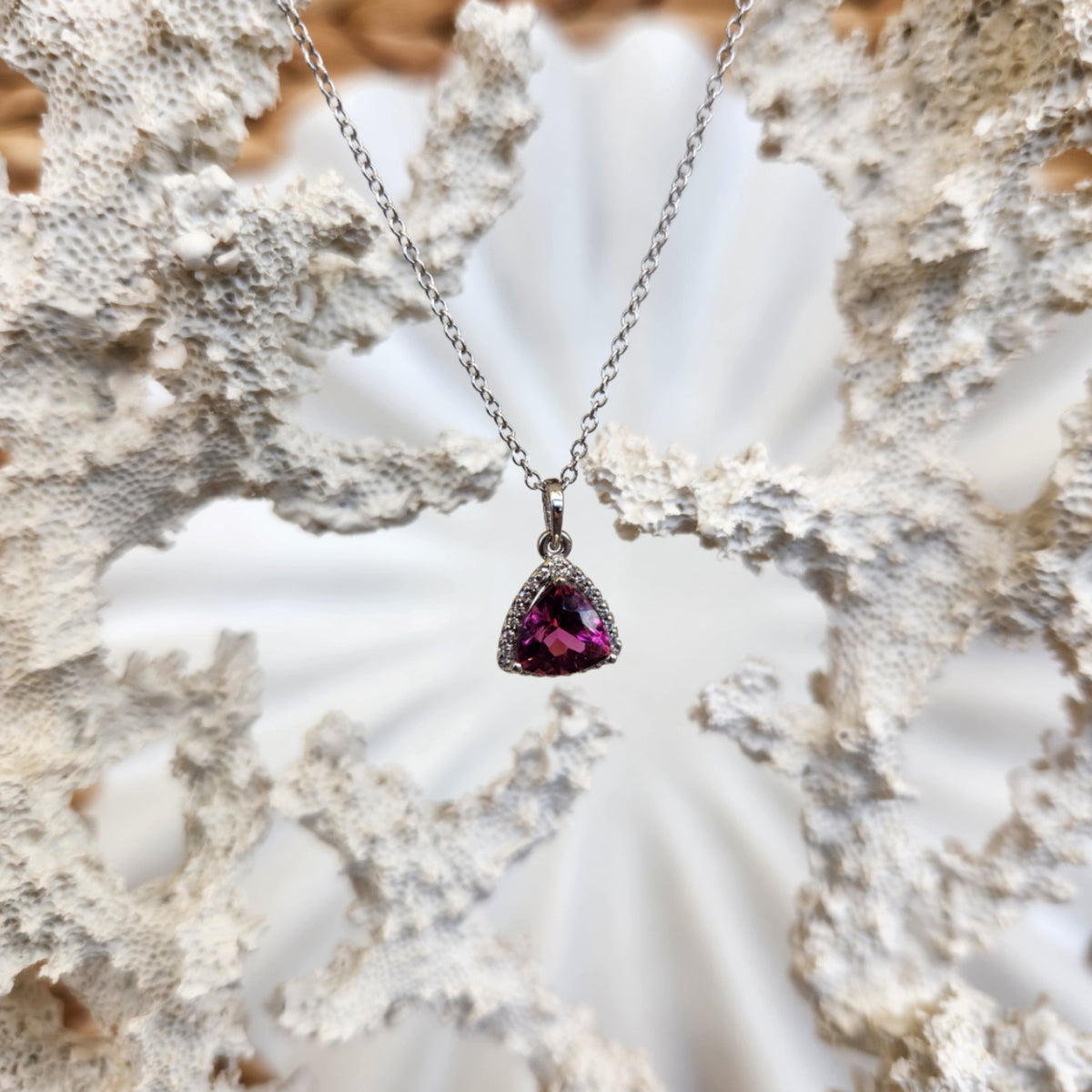 14 Karat White Gold Pink Tourmaline & Diamond Halo Pendant