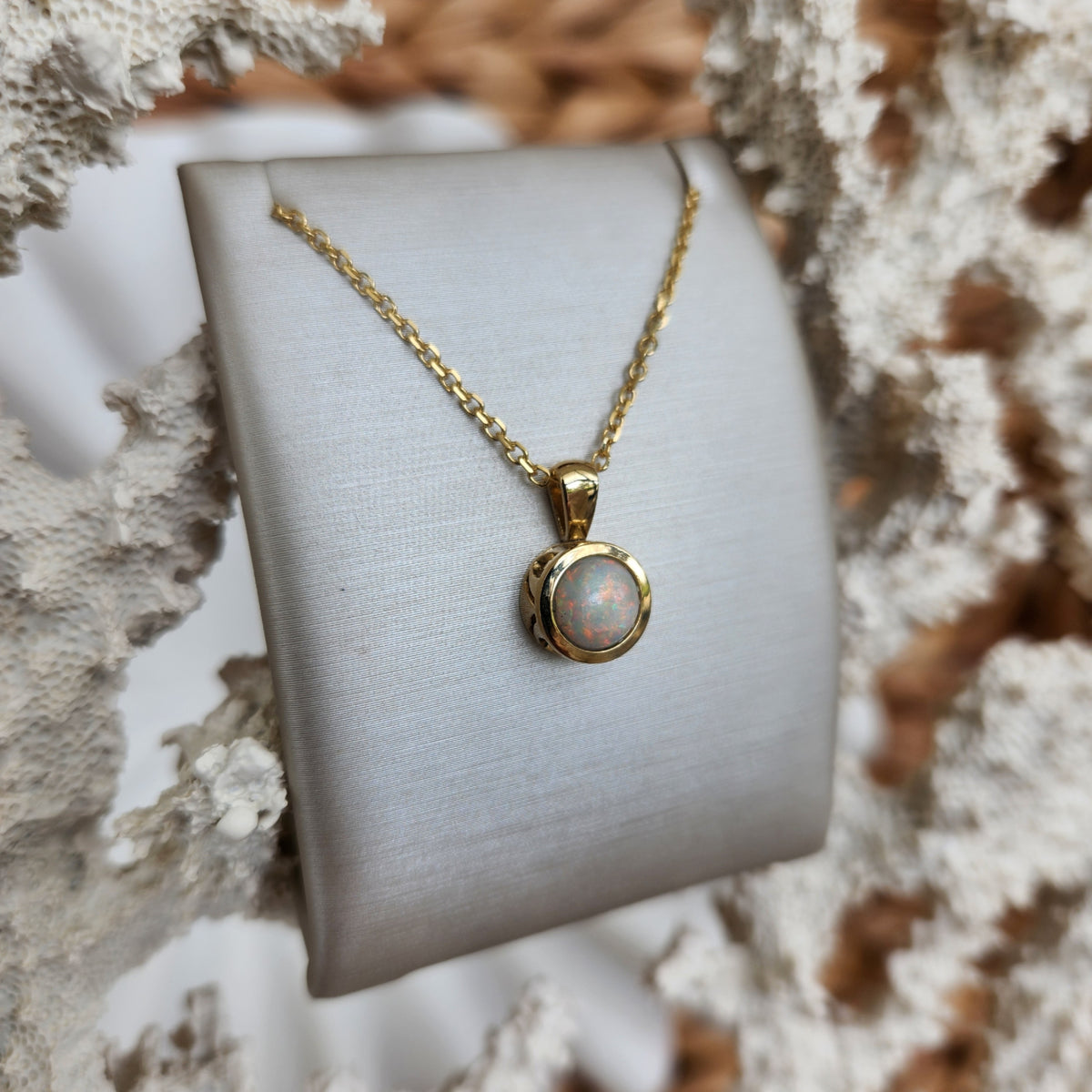 14 Karat Yellow Gold Bezel Set Cabochon White Opal Solitaire Pendant