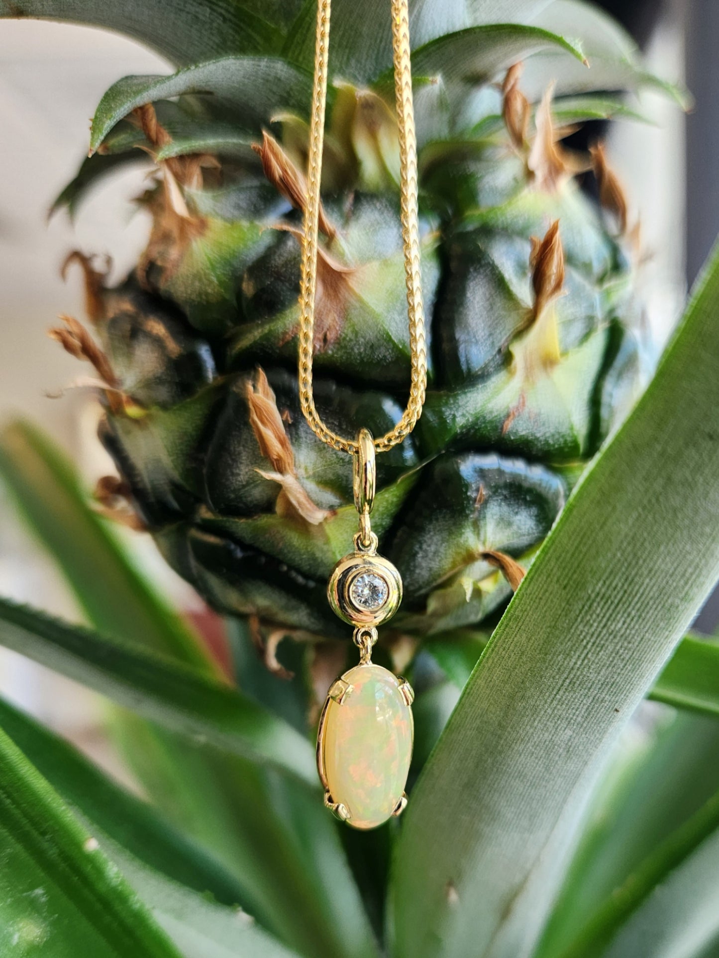 14 Karat Yellow Gold Ethiopian Opal & Diamond Pendant