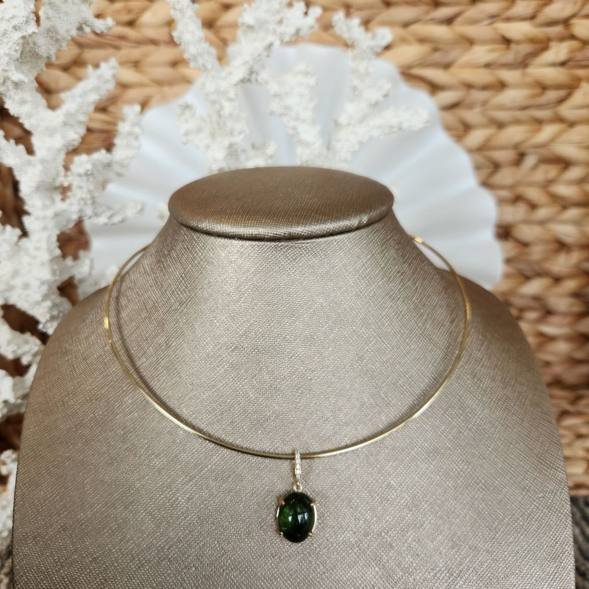 14 Karat Yellow Gold Cabochon Green Tourmaline Pendant With Diamond Accented Bail