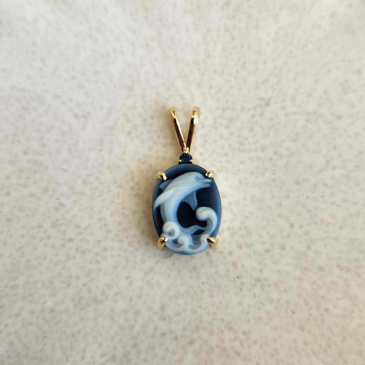 14 Karat Yellow Gold Agate Cameo With Blue Sapphire Accent