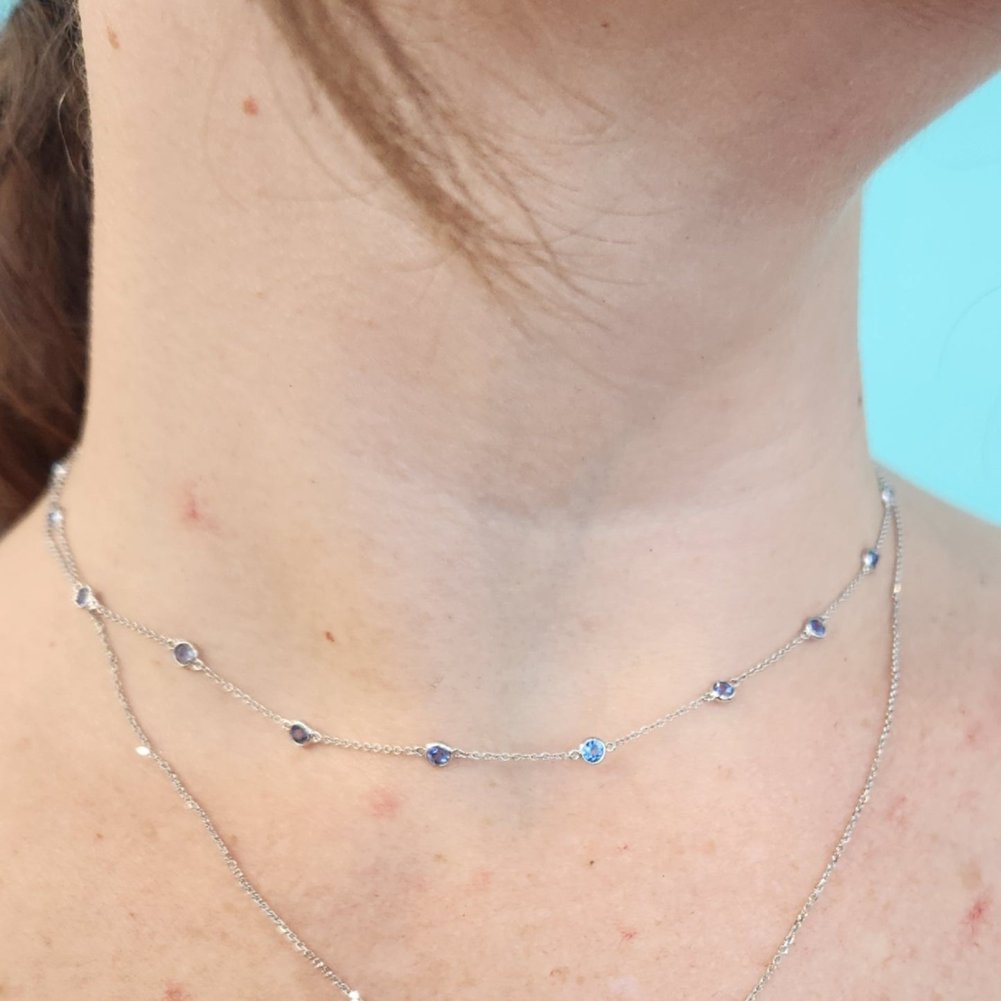 14 Karat White Gold Bezel Set Blue Sapphire "By The Yard" Style Necklace 16-18"