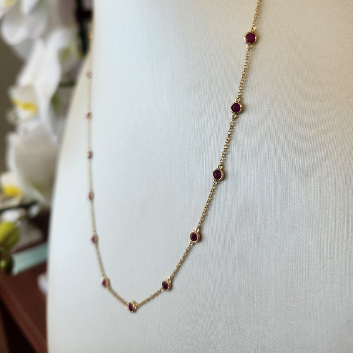 14 Karat Yellow Gold Bezel Set Ruby "By The Yard" Style Necklace 16-18