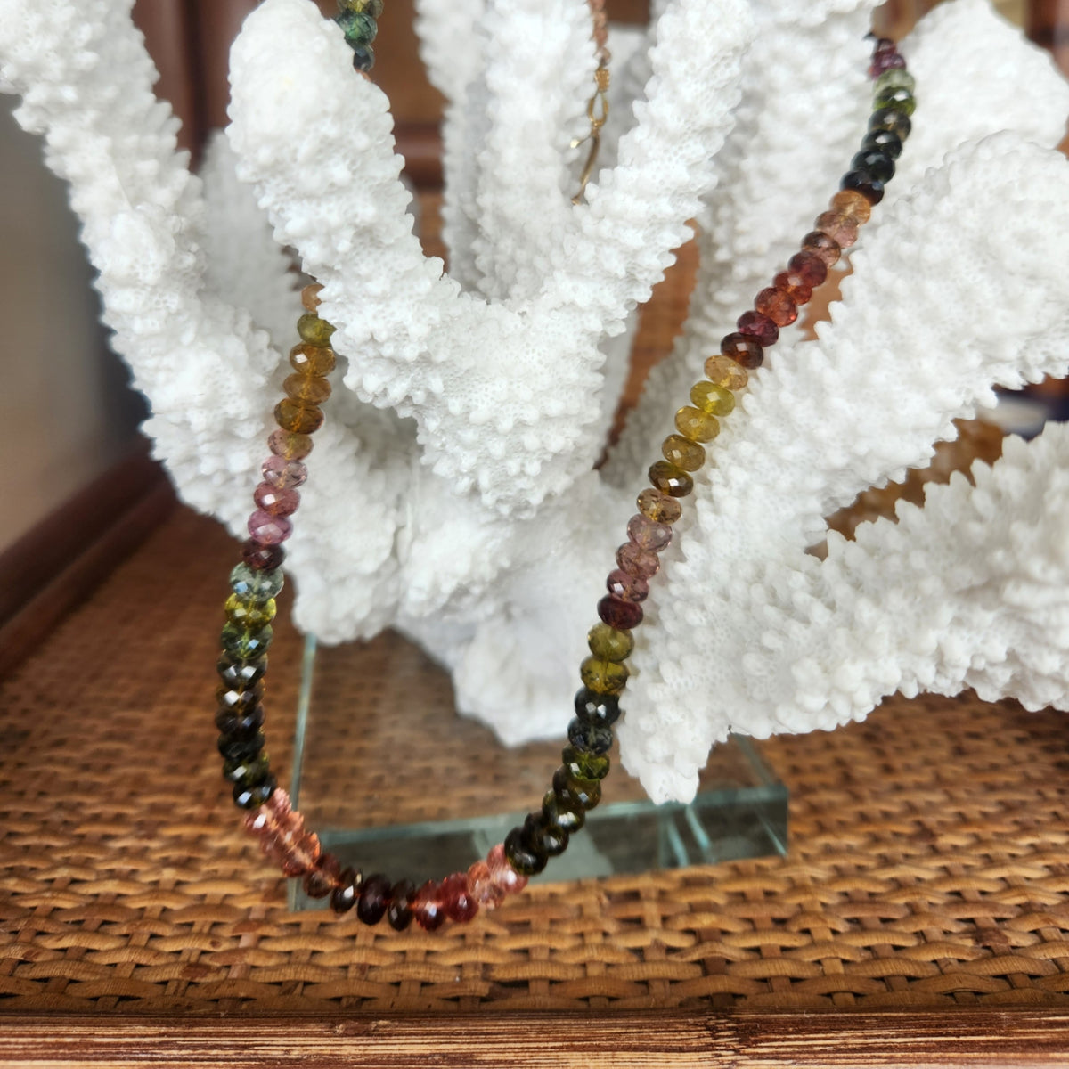 14 Karat Yellow Gold Multi Color Faceted Tourmaline Roundel Bead Necklace With Oval Lobster Clasp, 20"