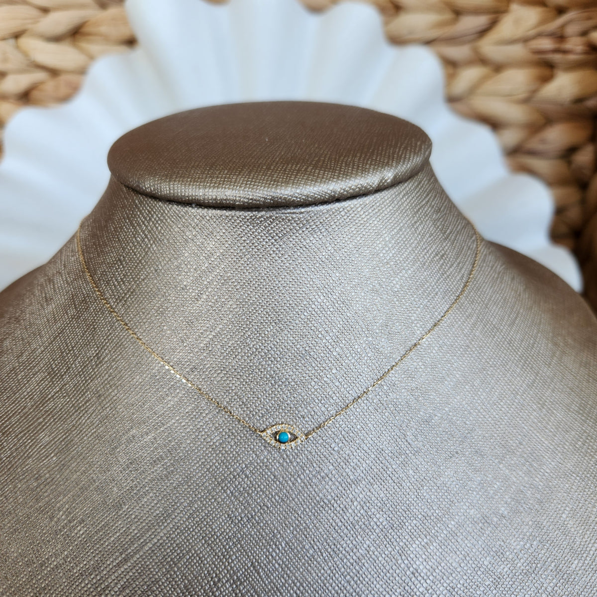 14 Karat Yellow Gold Turquoise & Diamond Evil Eye Necklace, 16" + 2"