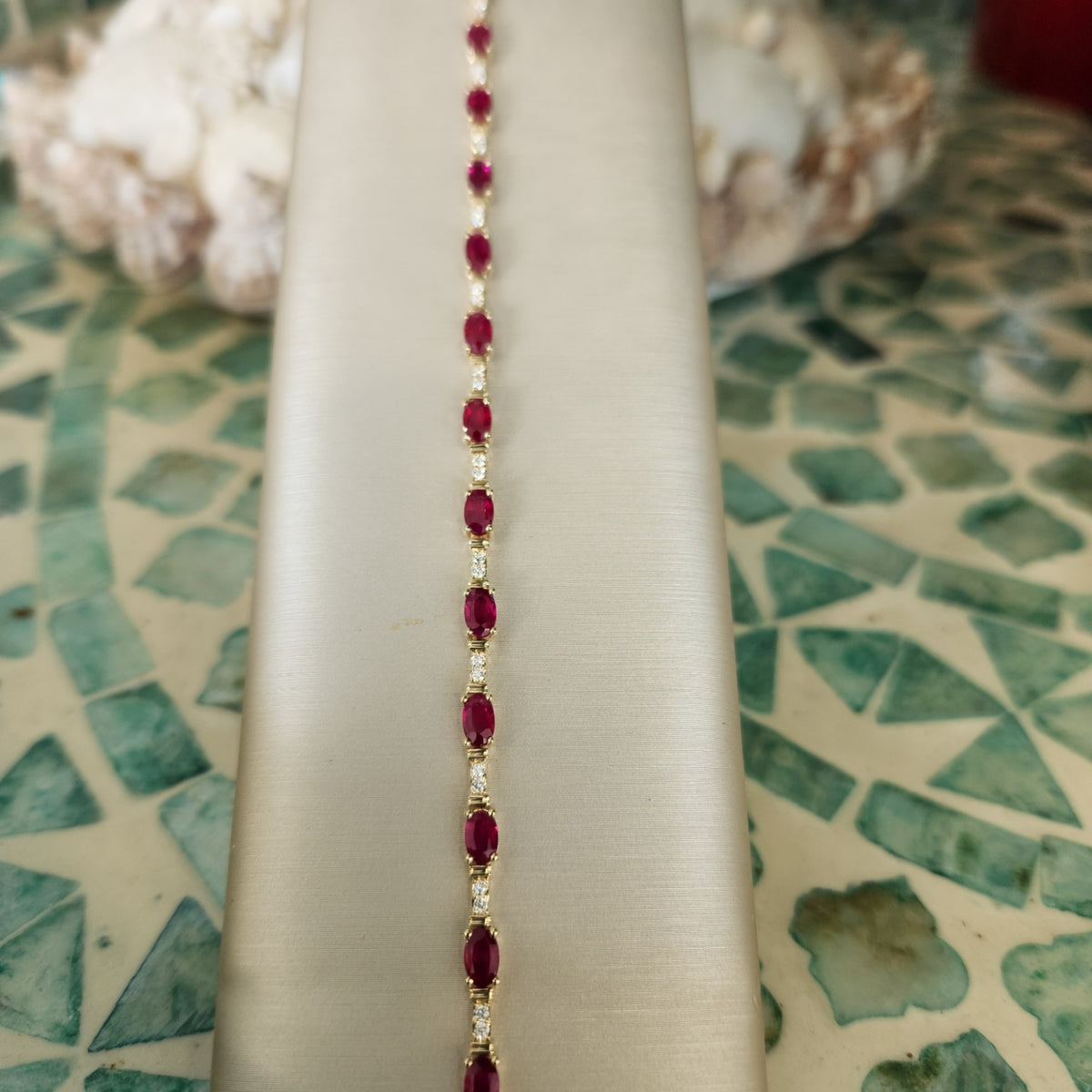 14 Karat Yellow Gold Ruby & Diamond Line Bracelet, 7"