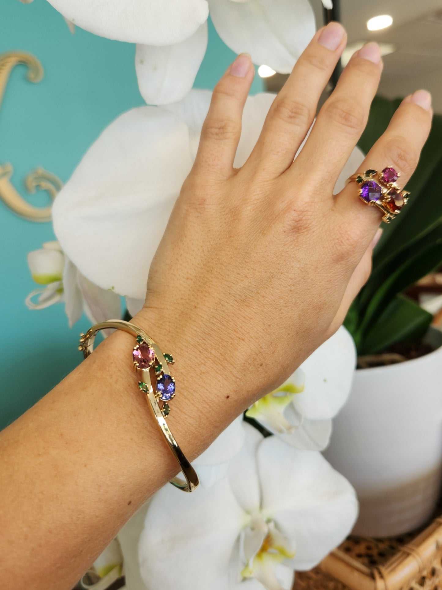 14 Karat Yellow Gold "Flora" Hinged Bangle Bracelet With Pink Tourmaline, Tanzanite And Tsavorites, 7"