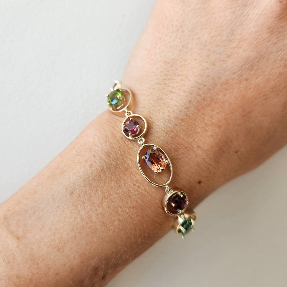 14 Karat Yellow Gold Multi Color Tourmalline "Bubble" Bracelet, 7.5"