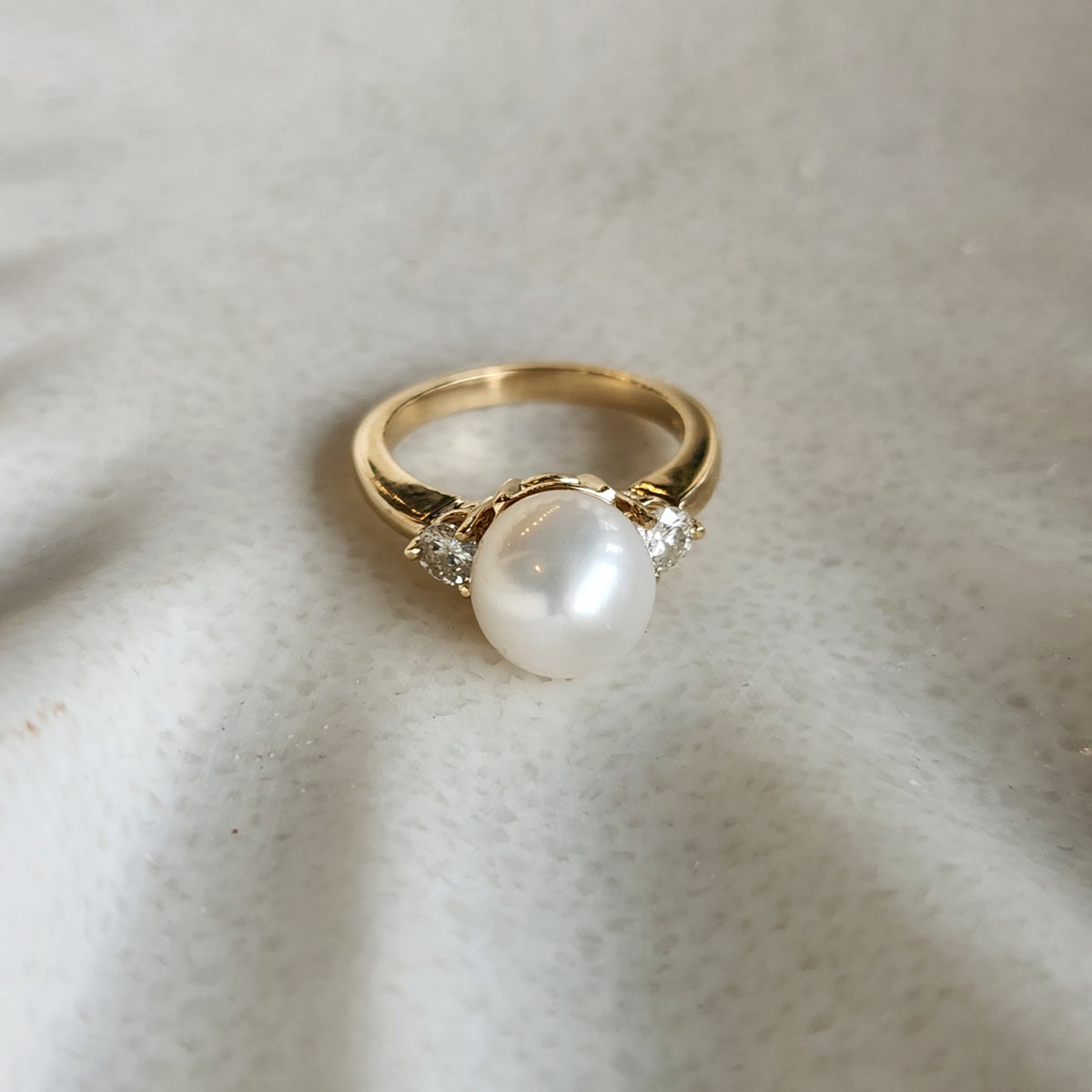 14 Karat Yellow Gold Pearl & Diamond 3 Stone Ring