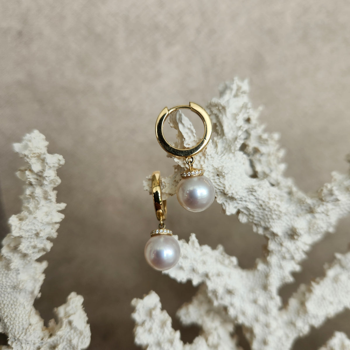 14 Karat Yellow Gold 9-9.5 Mm Akoya Pearl Dangle Earrings With Hidden Diamond Halo