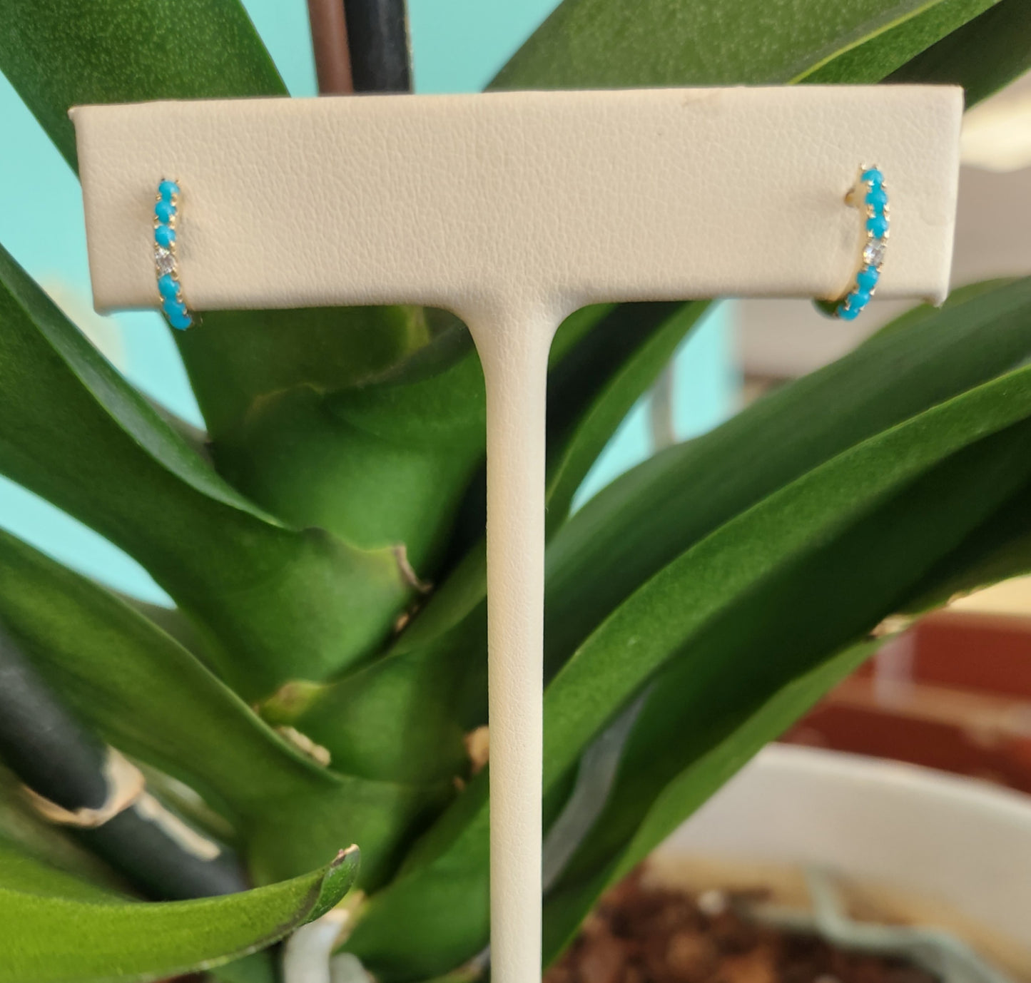 14 Karat Yellow Gold Mini Huggy Style Diamond & Turquoise Hoop Earrings