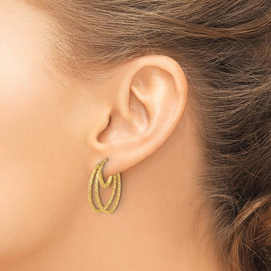 14 Karat Yellow Gold Polished And Textured Double Circle Hoop Earrings