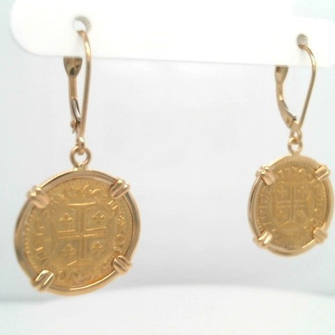 Portuguese Gold 400 Reis Coin Dangle Earrings Prong Set In 14 Karat Yellow Gold Bezel