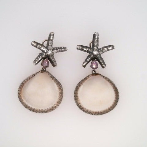 Sterling Silver Vero Beach White Clam Shell & Amethyst Starfish Motif Dangle Earrings With Oxidized Finish
