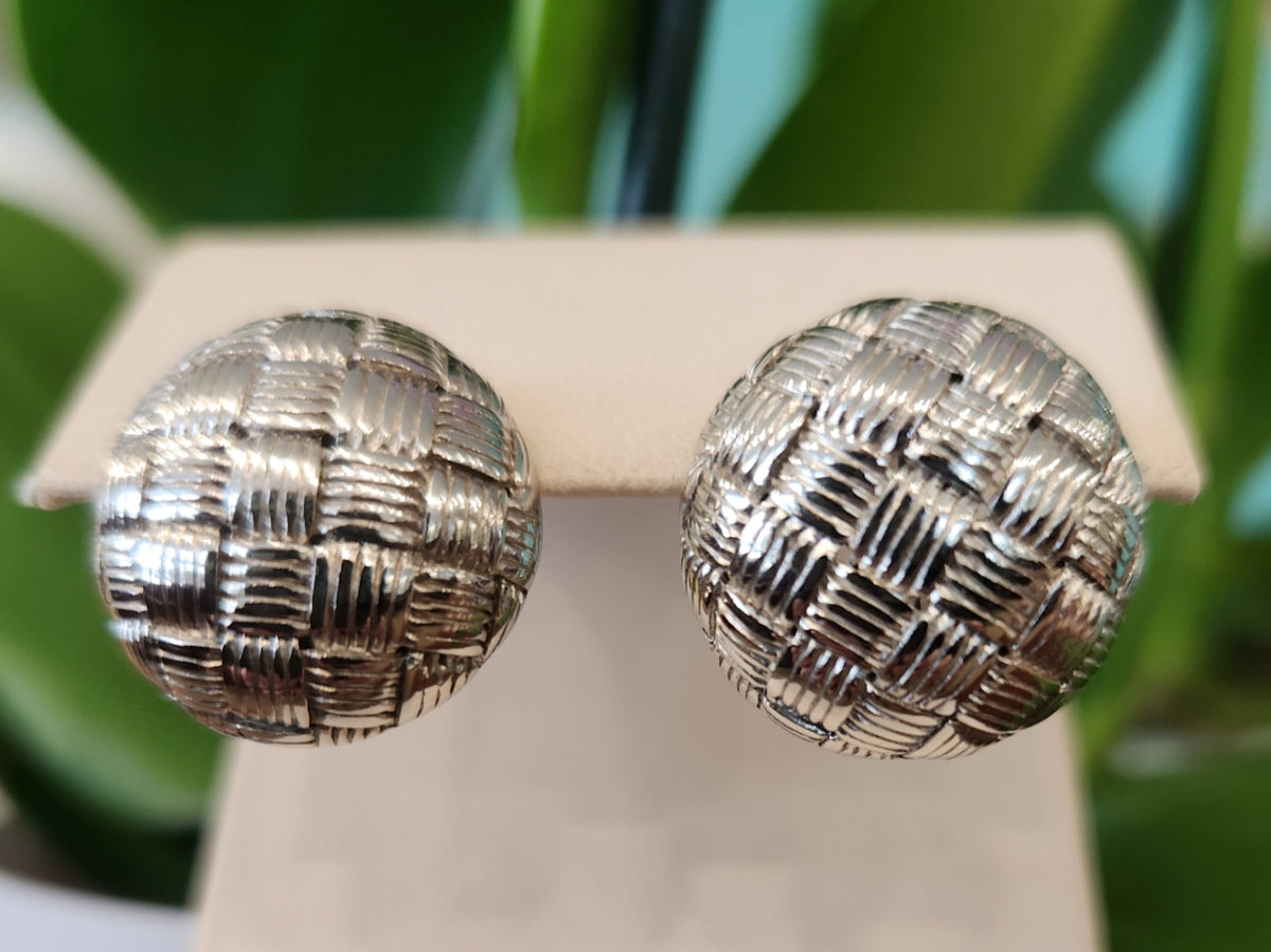 Sterling Silver 19 Mm Basketweave Texture Round Post Earrings With Omega Backs
