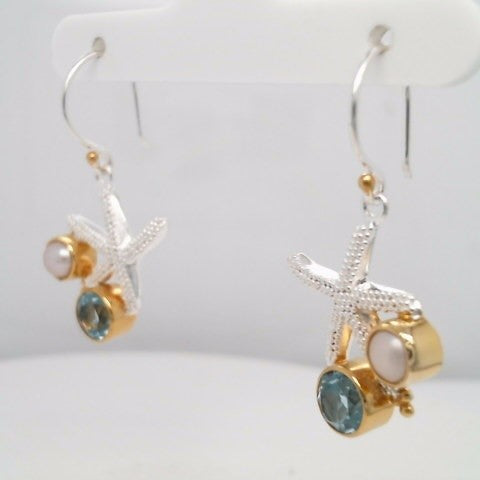 Sterling Silver And 22 Karat Gold Vermeil Starfish Earrings With 2 Sky Blue Topaz And 2 White Freshwater Pearls