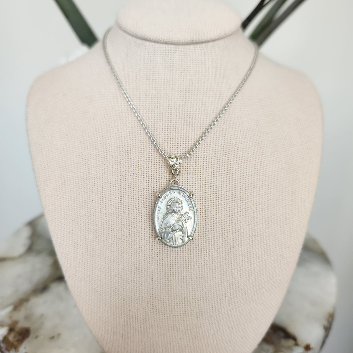Sterling Silver Pendant With Floral Bail Set With Vintage St. Therese Italian Medallion
