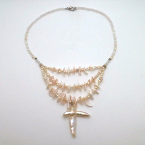 Sterling Silver Shell, Rose Quartz, & Freshwater Pearl 3-Strand Necklace 17"