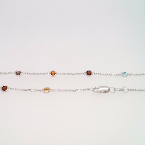 Sterling Silver Bezel Set Multi Gem "By The Yard" Style Necklace 18" With A Loop At 16" And 17" For Adjustable Length