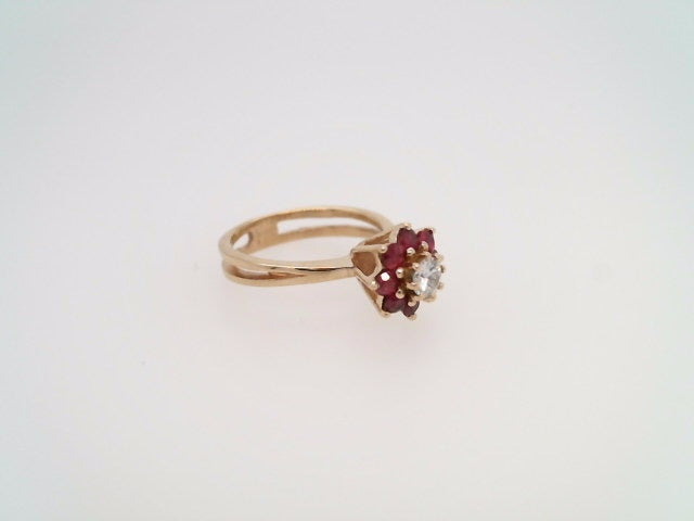 Vintage 14 Karat Yellow Gold Diamond & Ruby Cluster Ring