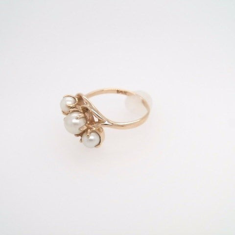 Vintage 14 Karat Yellow Gold Triple White Akoya Pearl Ring