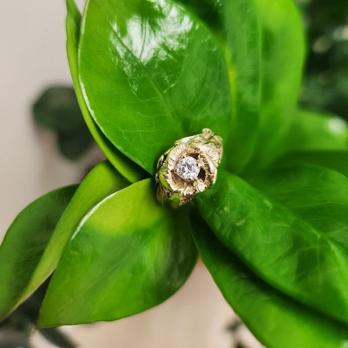 Vintage 14 Karat Yellow Gold & Platinum Rose Floral Diamond Engagement Ring