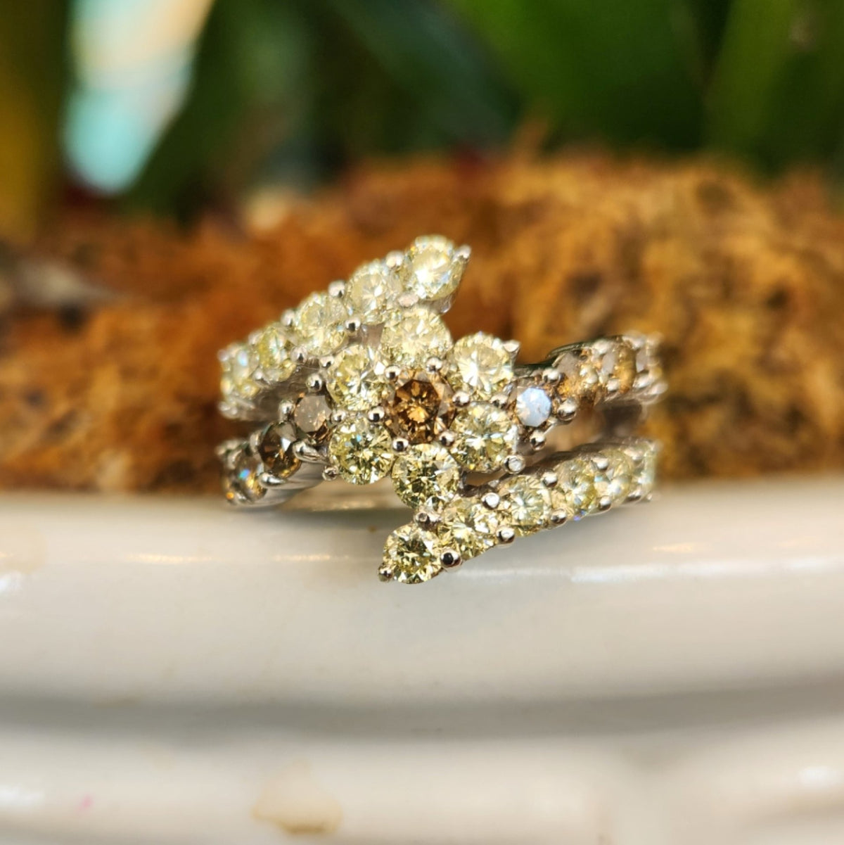 Vintage 18 Karat White Gold Champagne & Light Brown Bypass/ Floral Style Diamond Ring