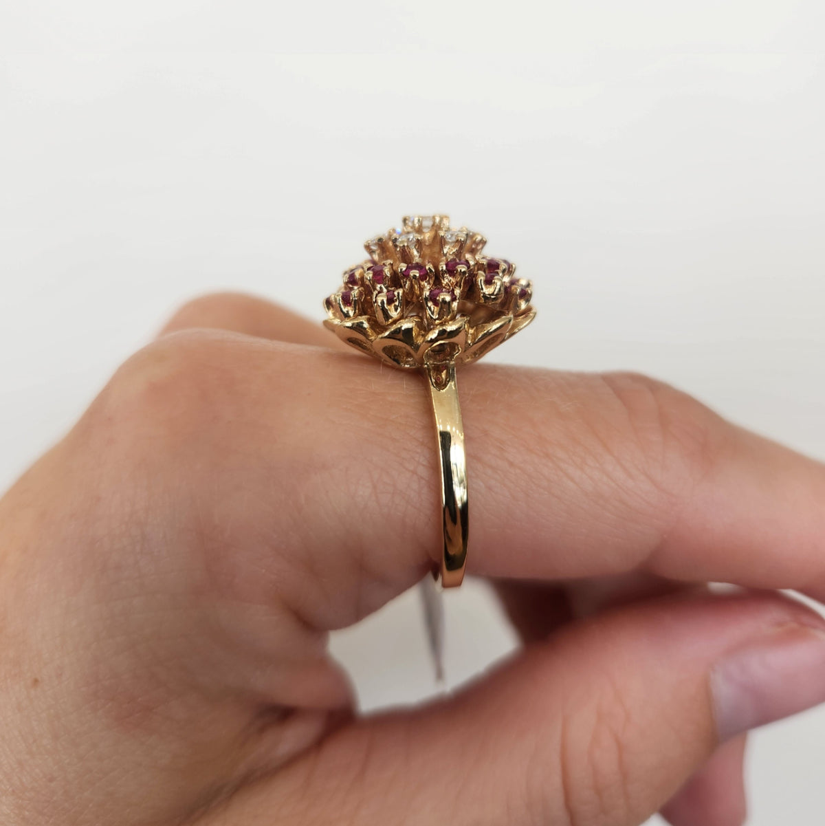 Vintage Ruby & Diamond Cluster Temple Style Ring