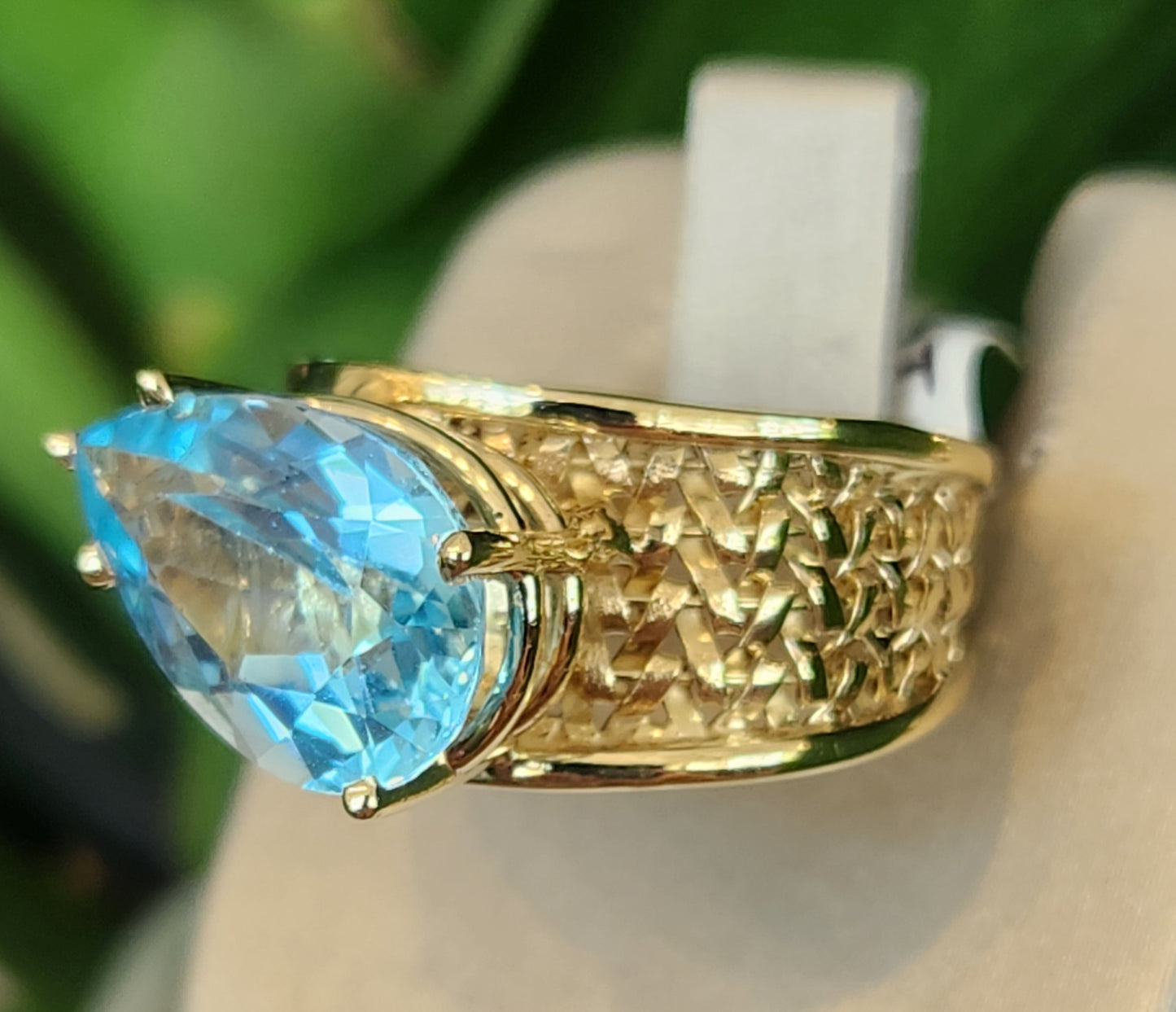 Vintage 14 Karat Yellow Gold 12 Mm Basketweave Wide Band Blue Topaz Ring