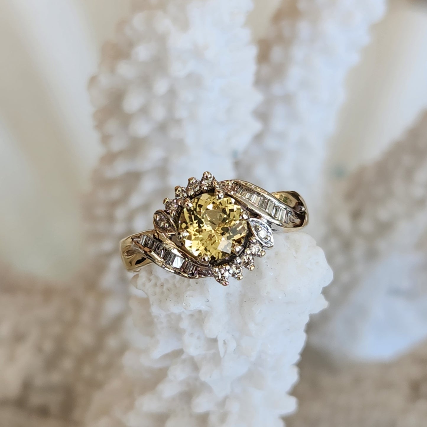 Vintage 14 Karat White Gold Unheated Yellow Sapphire & Diamond Ring