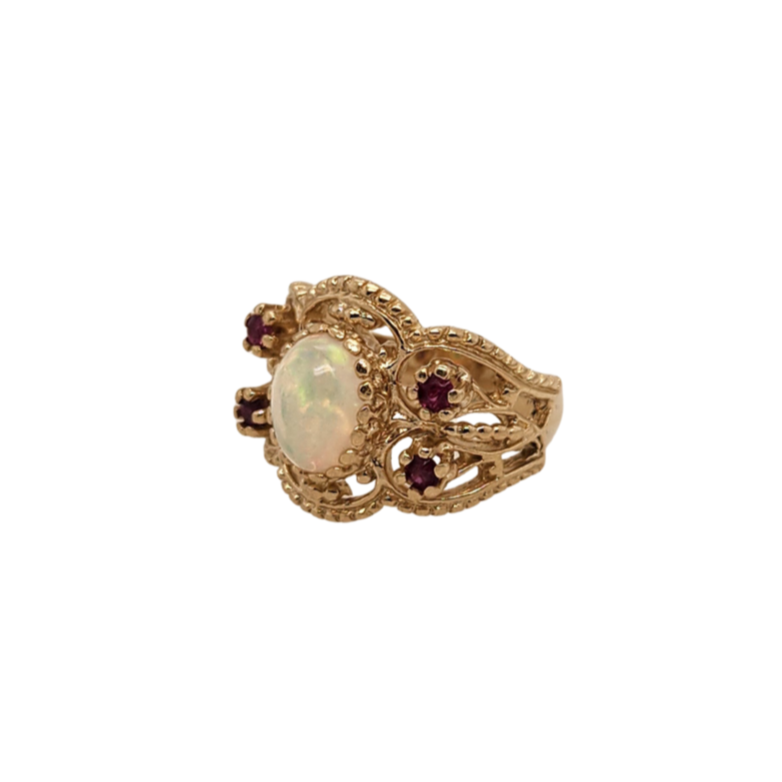 Vintage 14 Karat Yellow Gold Opal & Ruby With Beading Detail