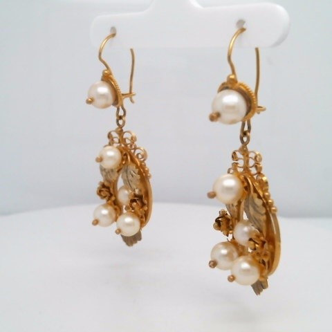 Vintage 14 Karat Yellow Gold Pearl Earrings With Flowers, Leaves & Scroliing Filgree Design