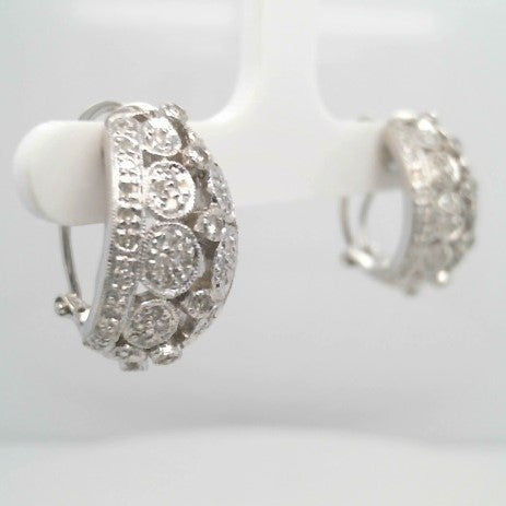 Vintage 18 Karat White Gold 1/2 Hoop Openwork Diamond Earrings With Omega Backs
