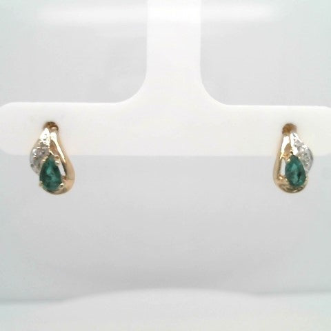 Online Clearance * Vintage 10 Karat Yellow Gold Pear Shaped Emerald Earrings With Diamond Accents