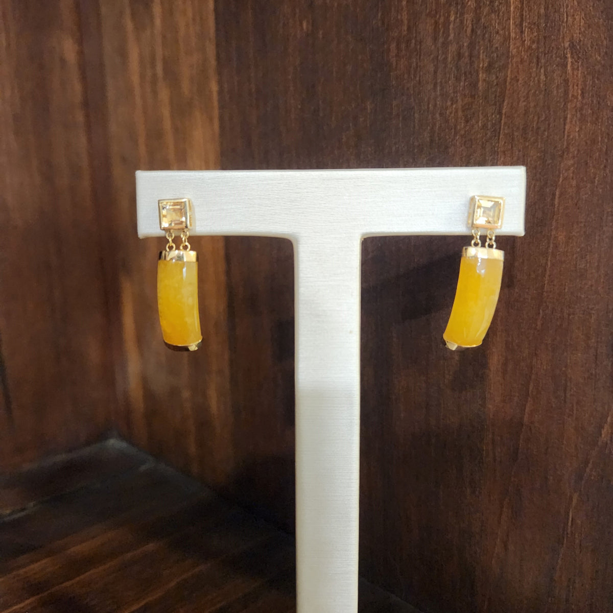 Online Clearance * Vintage 14 Karat Yellow Gold Citrine & Yellow Jade Dangle Earrings