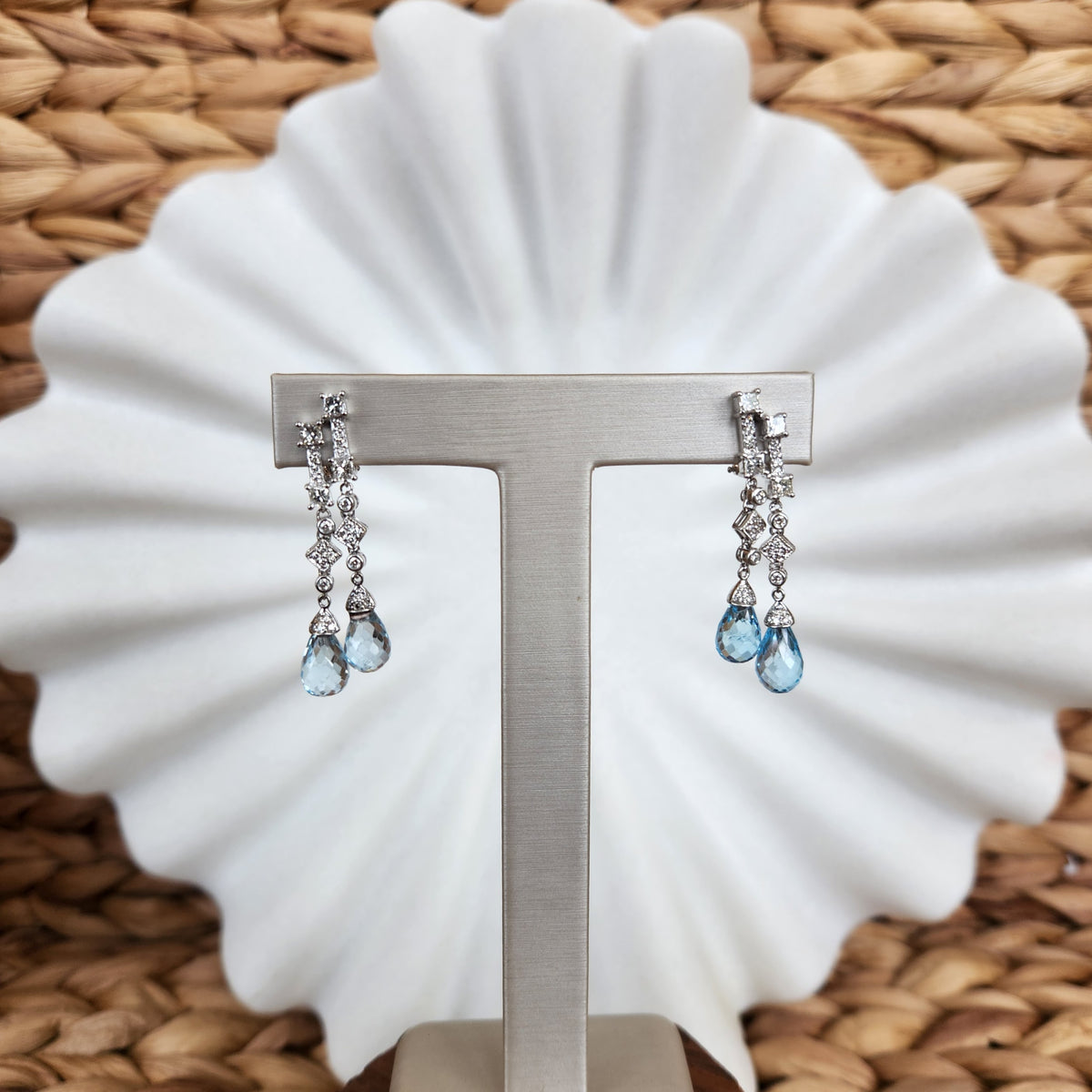 Vintage 14 Karat White Gold Blue Topaz Briolette & Diamond Earrings With Omega Backs